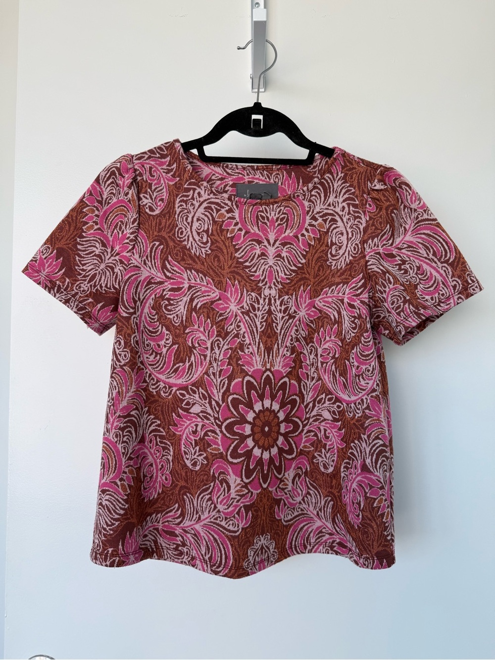 Anthropologie Pink and Brown Paisley Floral Short-Sleeve Top